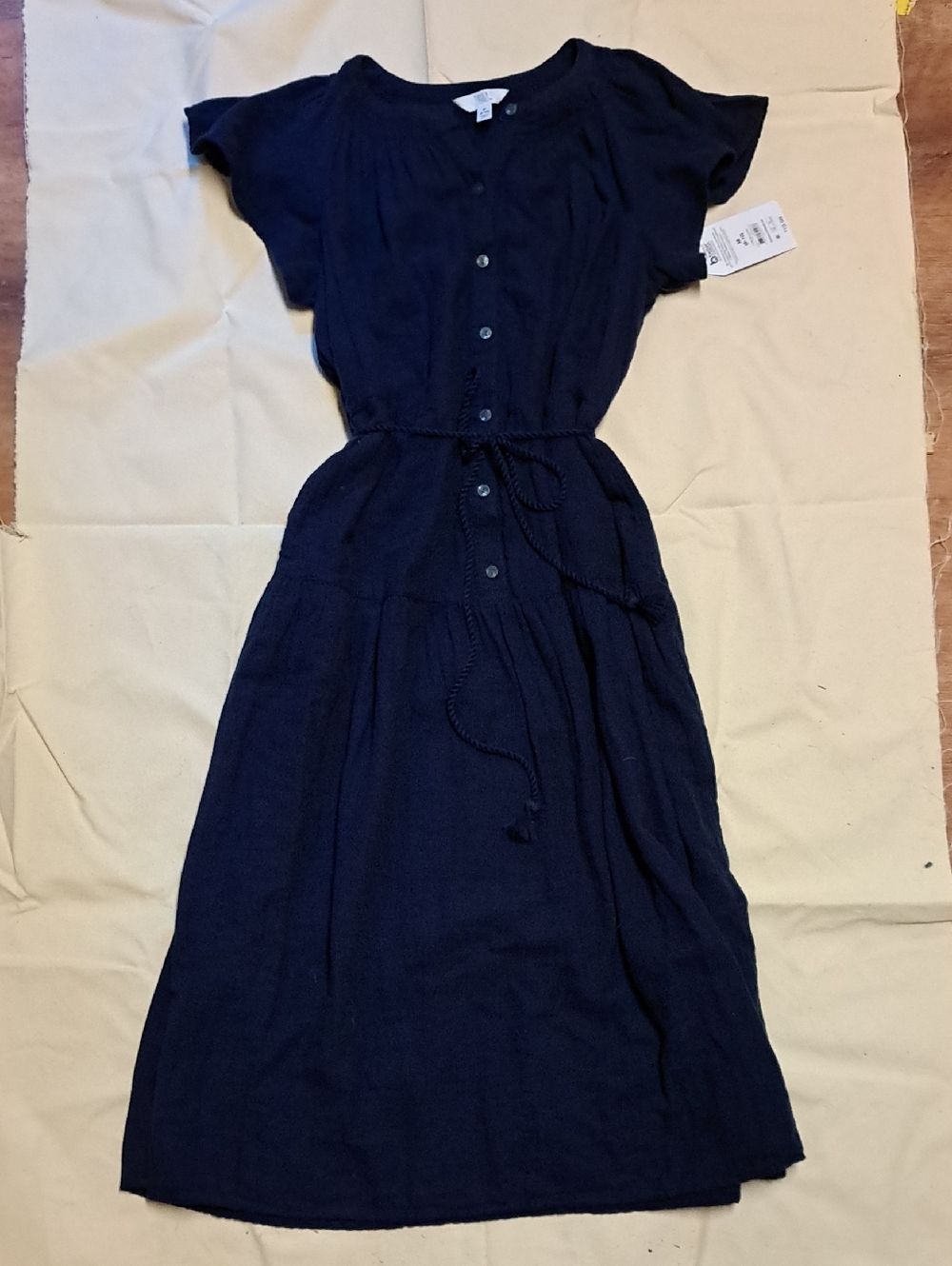 Time and Tru Navy Button-Front Midi/Maxi Dress with Tie Waist 100% Cotton NWT